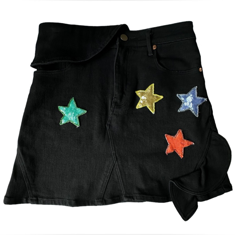 VALENTINO GARAVANI Embellished Ruffle-Trimmed Denim Mini Skirt Size 36 - Picture 4 of 10